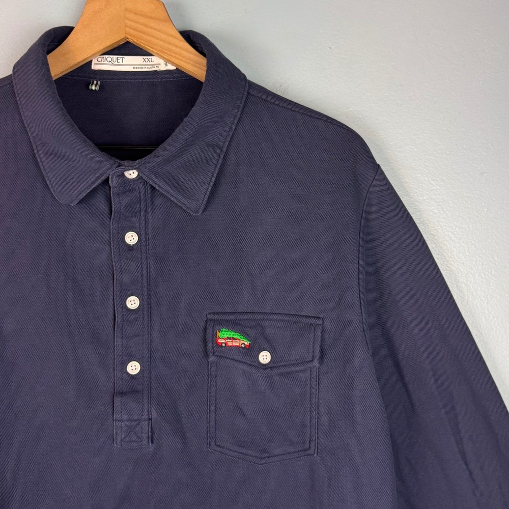 Criquet Men XXL Navy Blue Long Sleeve Pima Cotton Polo Shirt Christmas Tree Car